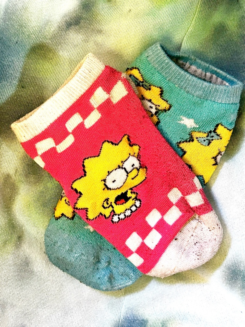 Simpson Mismatched Crew Socks - Pink & Teal Cartoon Set